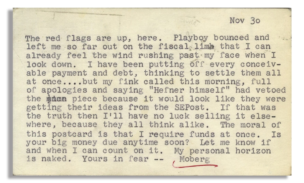 Hunter Thompson 1965 Letter -- Playboy ''bounced'' on His Article, ''...'Hefner himself' had vetoed the piece because it would look like they were getting their ideas from the SEPost...''